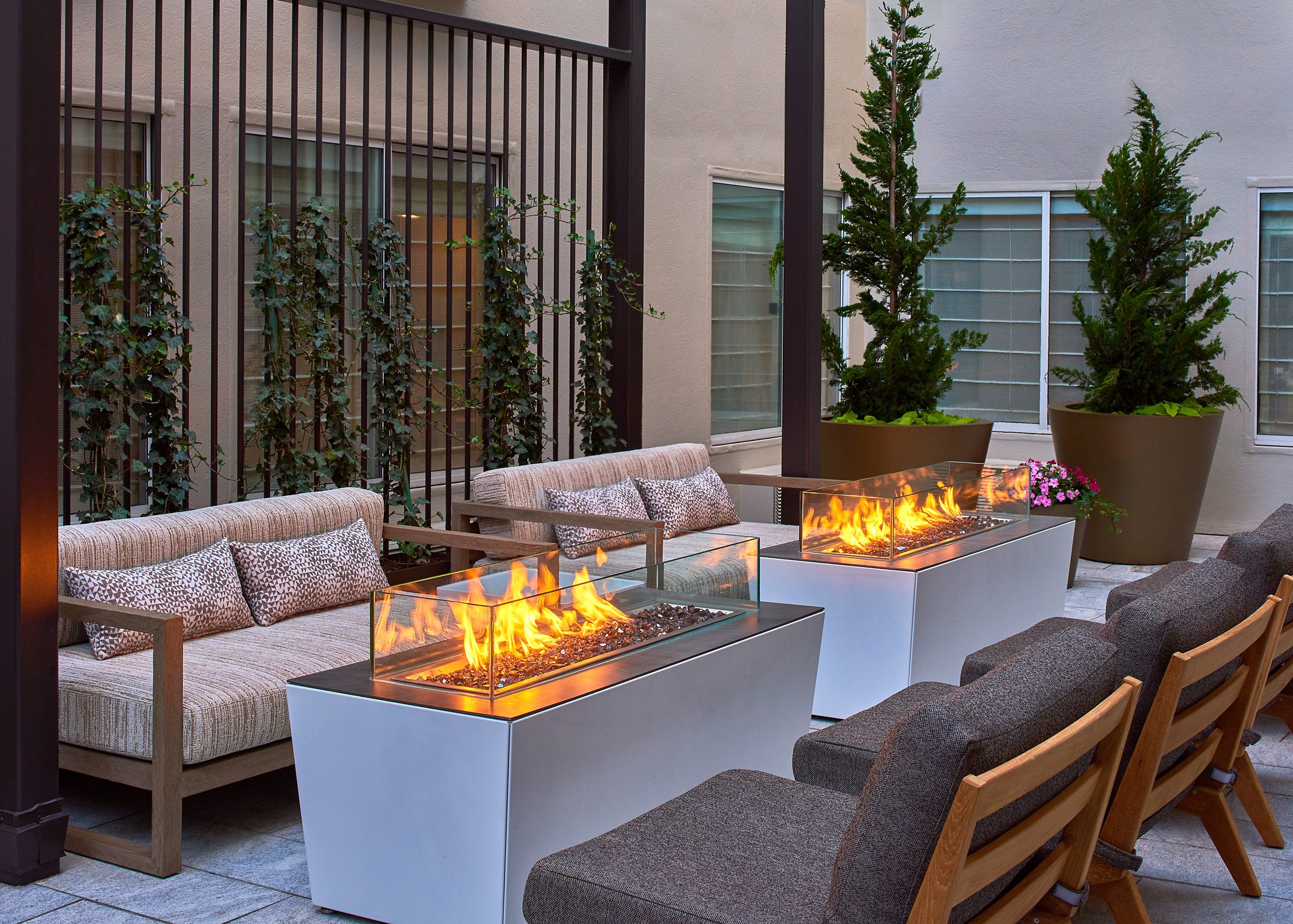 Courtyard seating with modern fire pits