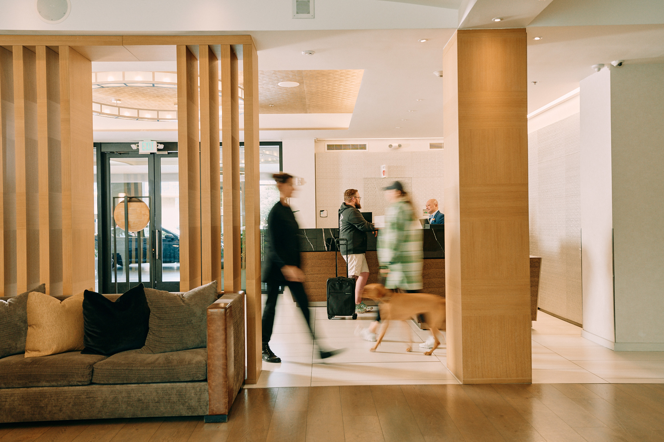 Hotel lobby with guests checking in and dog walking by.