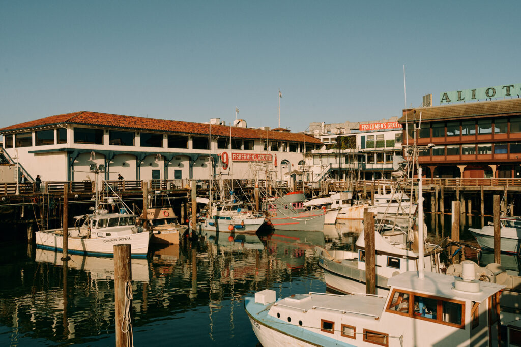 Boats docked in Fisherman’s Wharf marina on sunny day.