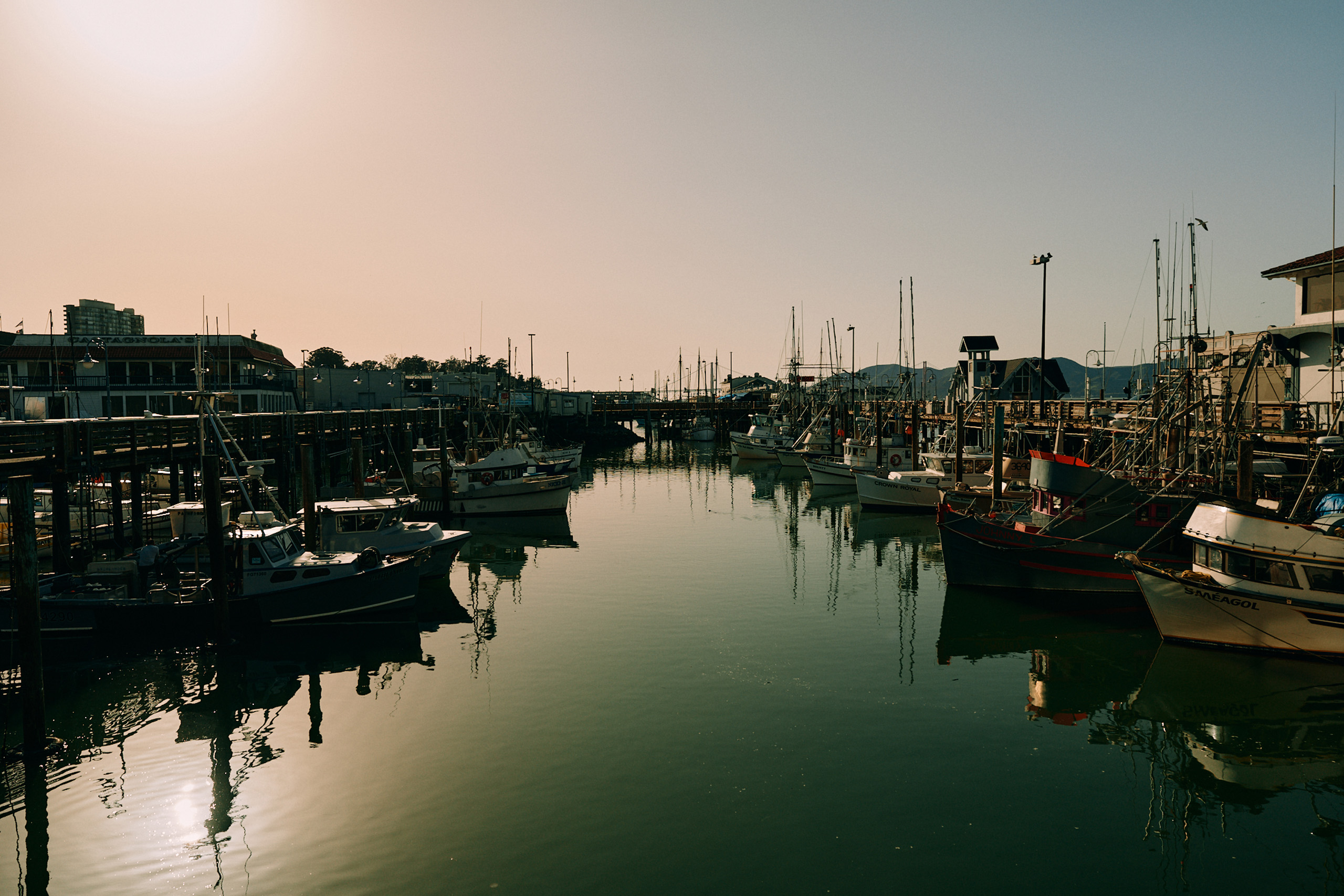 Fishing boats docked in calm marina