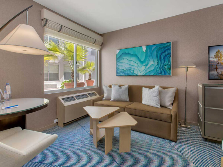 Suite sofa and tables beside large window.